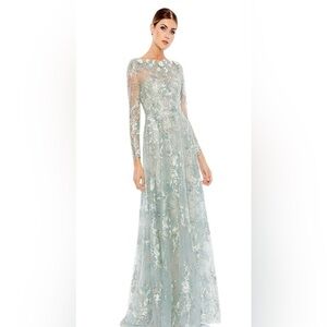 Green Floral Embroidered Illusion Long Sleeve Gown